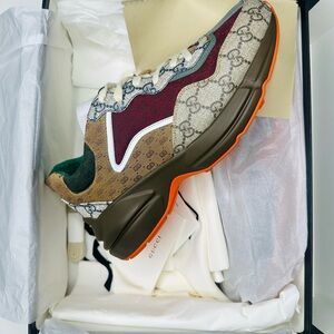 Gucci Beige and Burgundy Sneakers with Orange Sole